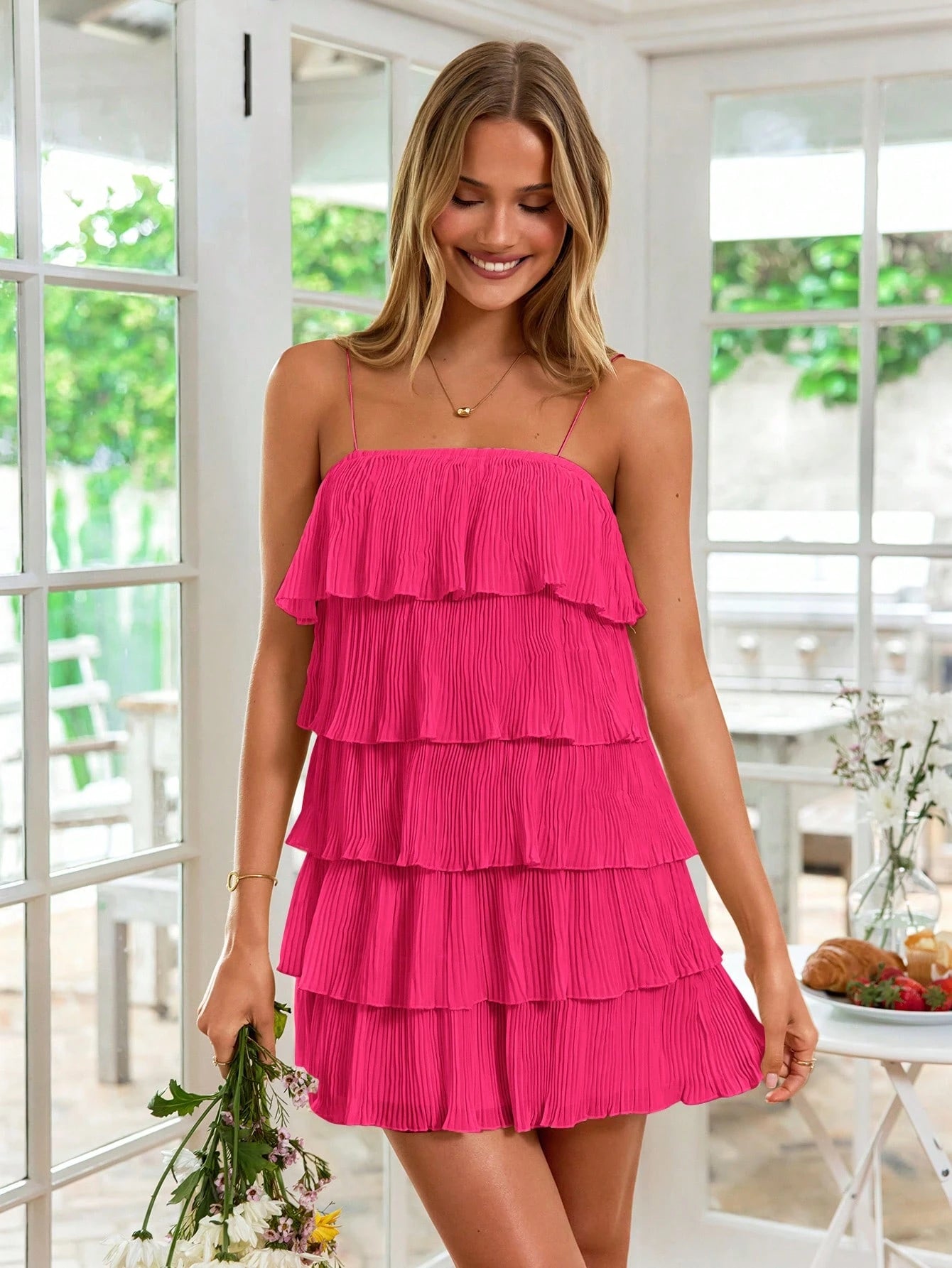 Multi-layer ruffled hem spaghetti strap dress