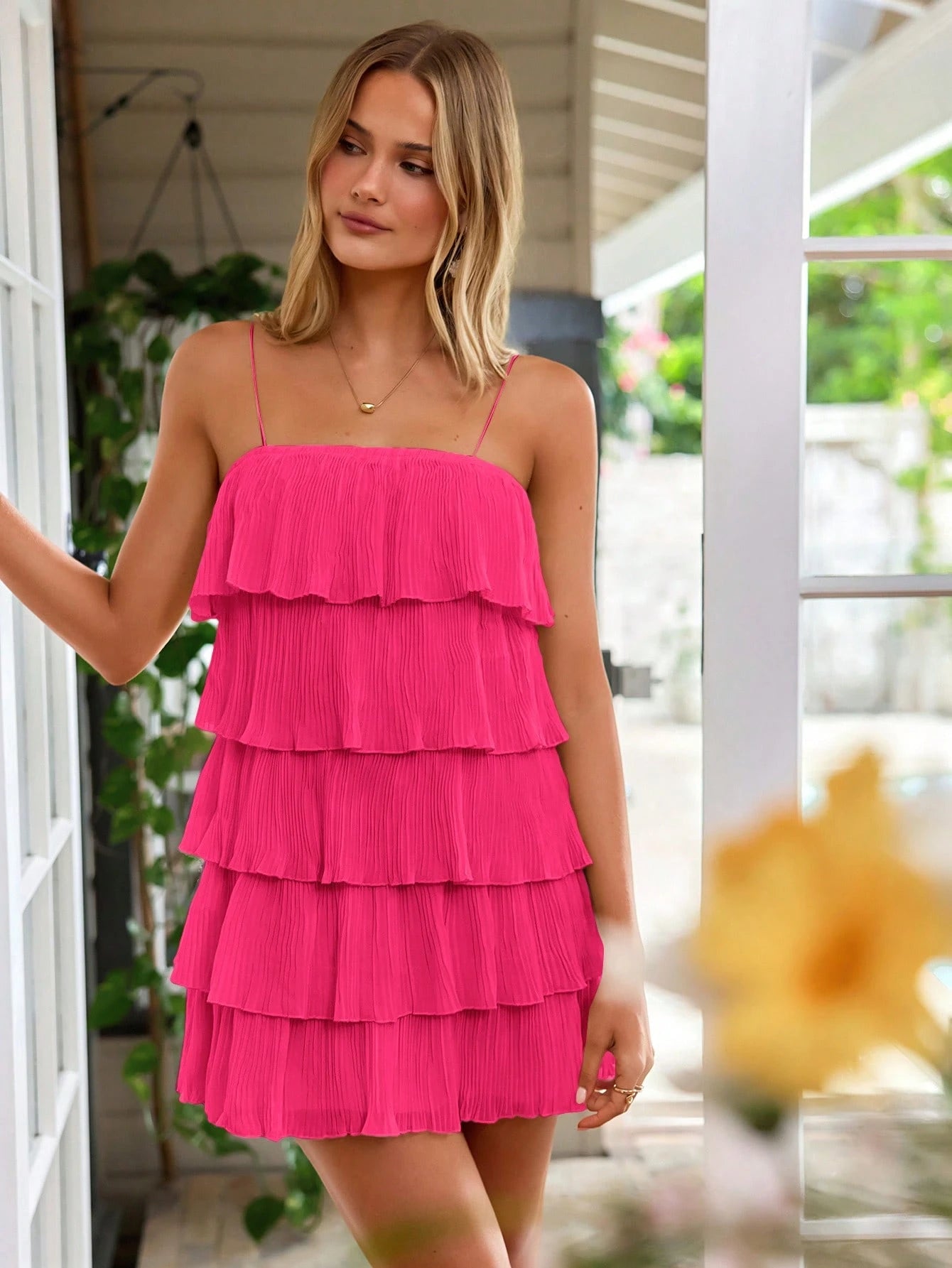 Multi-layer ruffled hem spaghetti strap dress