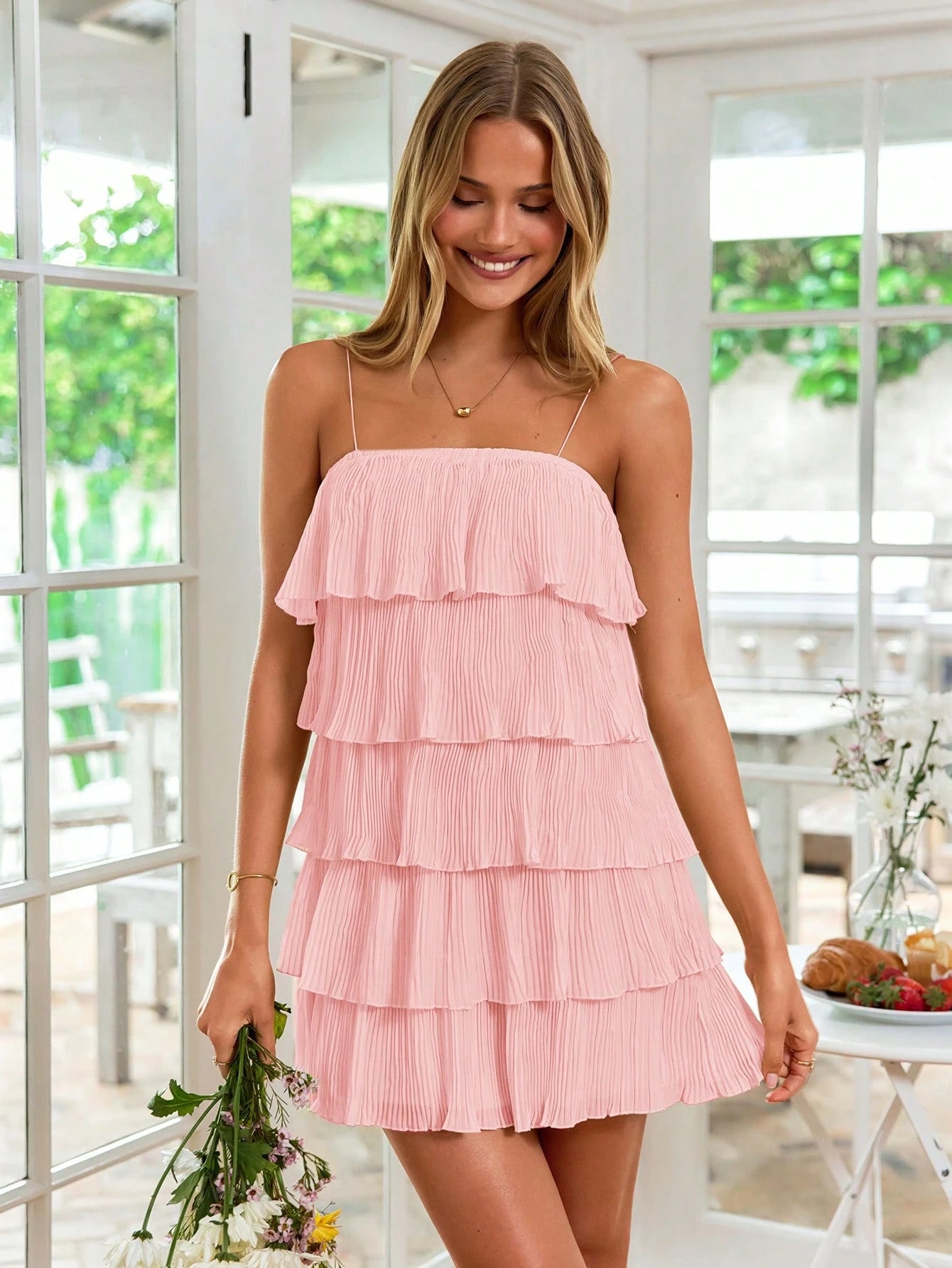 Multi-layer ruffled hem spaghetti strap dress