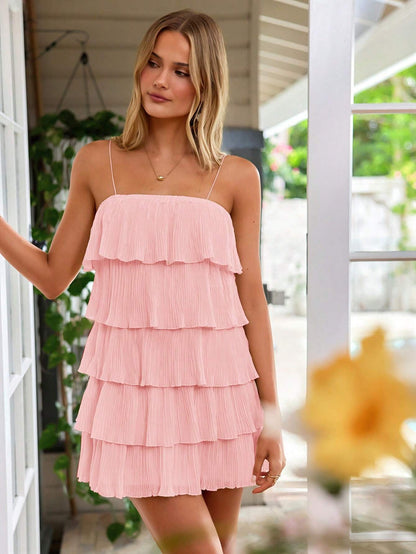 Multi-layer ruffled hem spaghetti strap dress