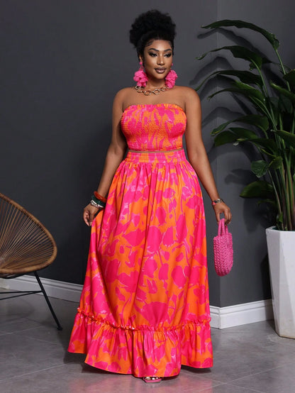 Plus Size Floral Print Elastic Tube Top and Skirt Two Piece Set