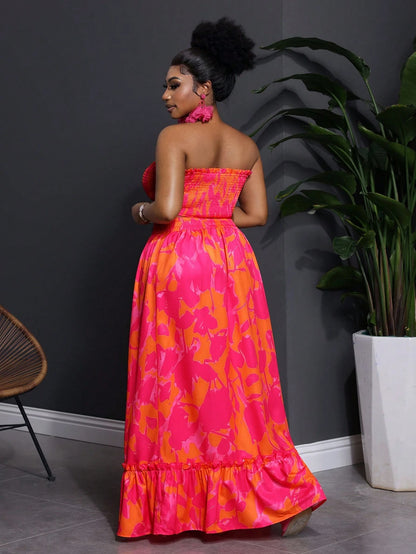 Plus Size Floral Print Elastic Tube Top and Skirt Two Piece Set