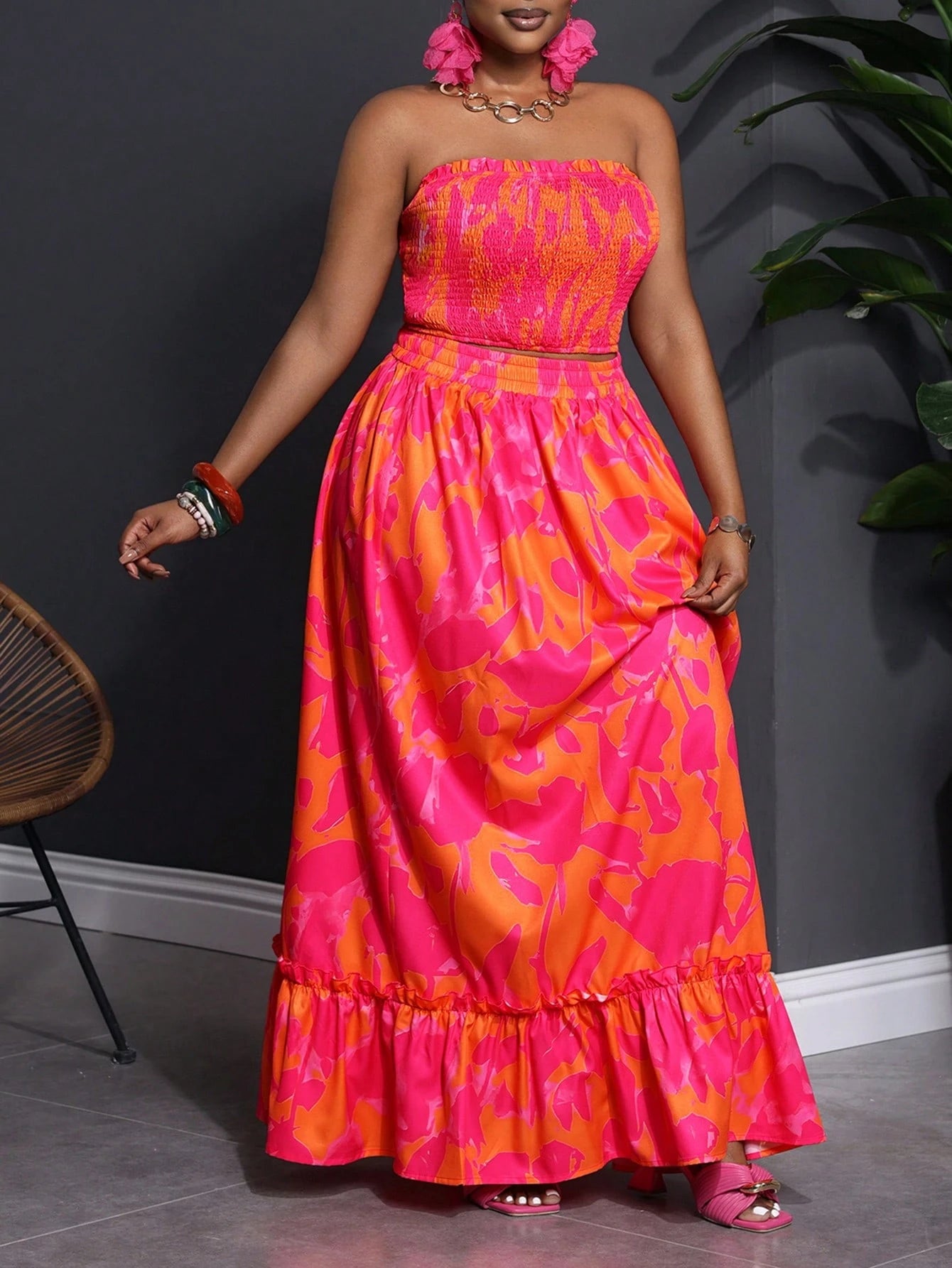 Plus Size Floral Print Elastic Tube Top and Skirt Two Piece Set