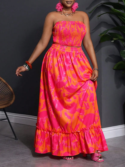 Plus Size Floral Print Elastic Tube Top and Skirt Two Piece Set