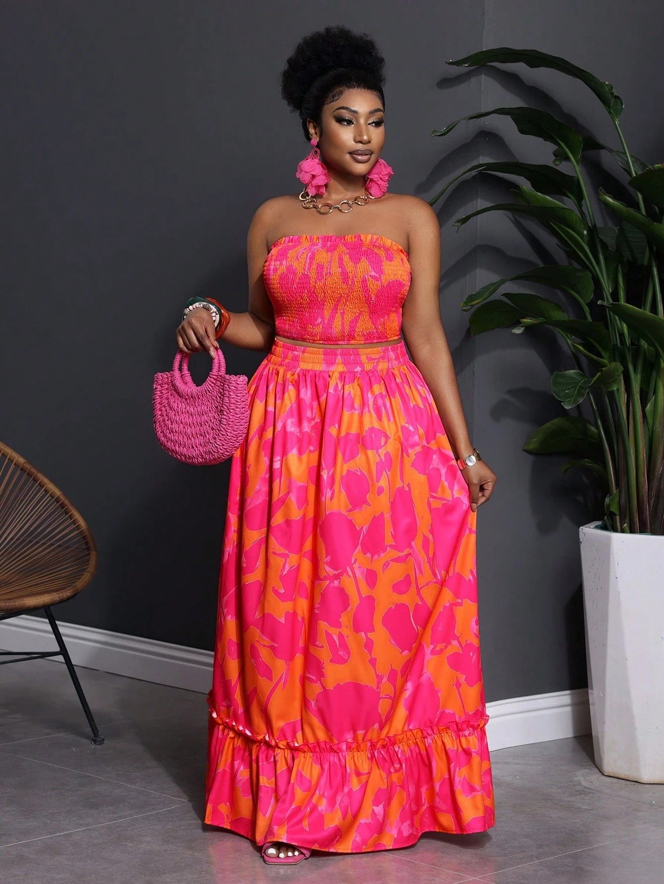 Plus Size Floral Print Elastic Tube Top and Skirt Two Piece Set