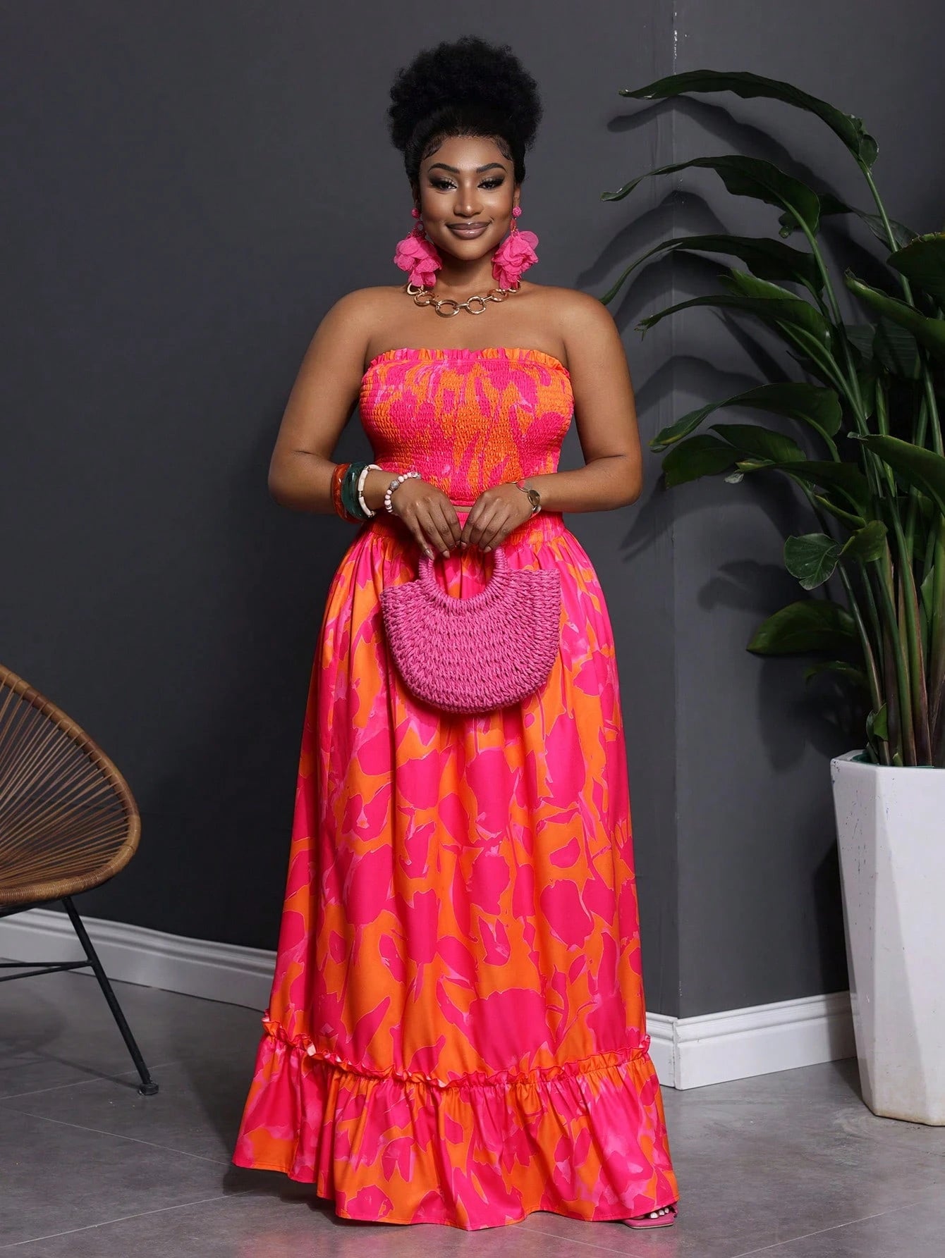 Plus Size Floral Print Elastic Tube Top and Skirt Two Piece Set