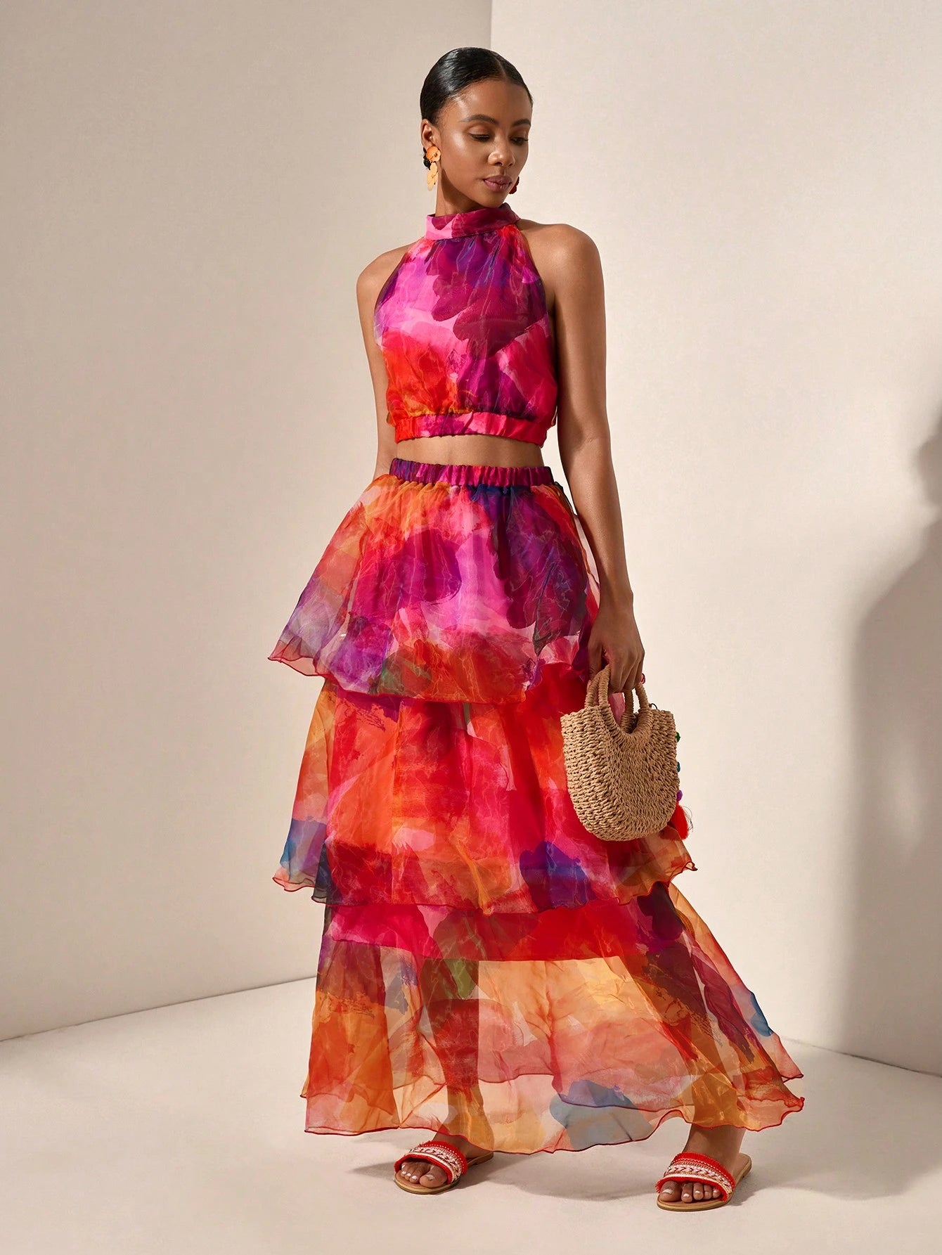 Tie-Dye Halter Top with Layered Ruffle Skirt Set