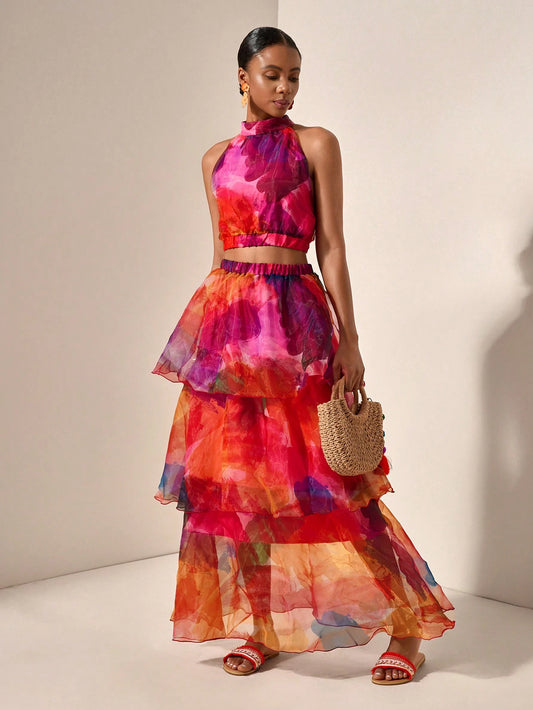 Tie-Dye Halter Top with Layered Ruffle Skirt Set