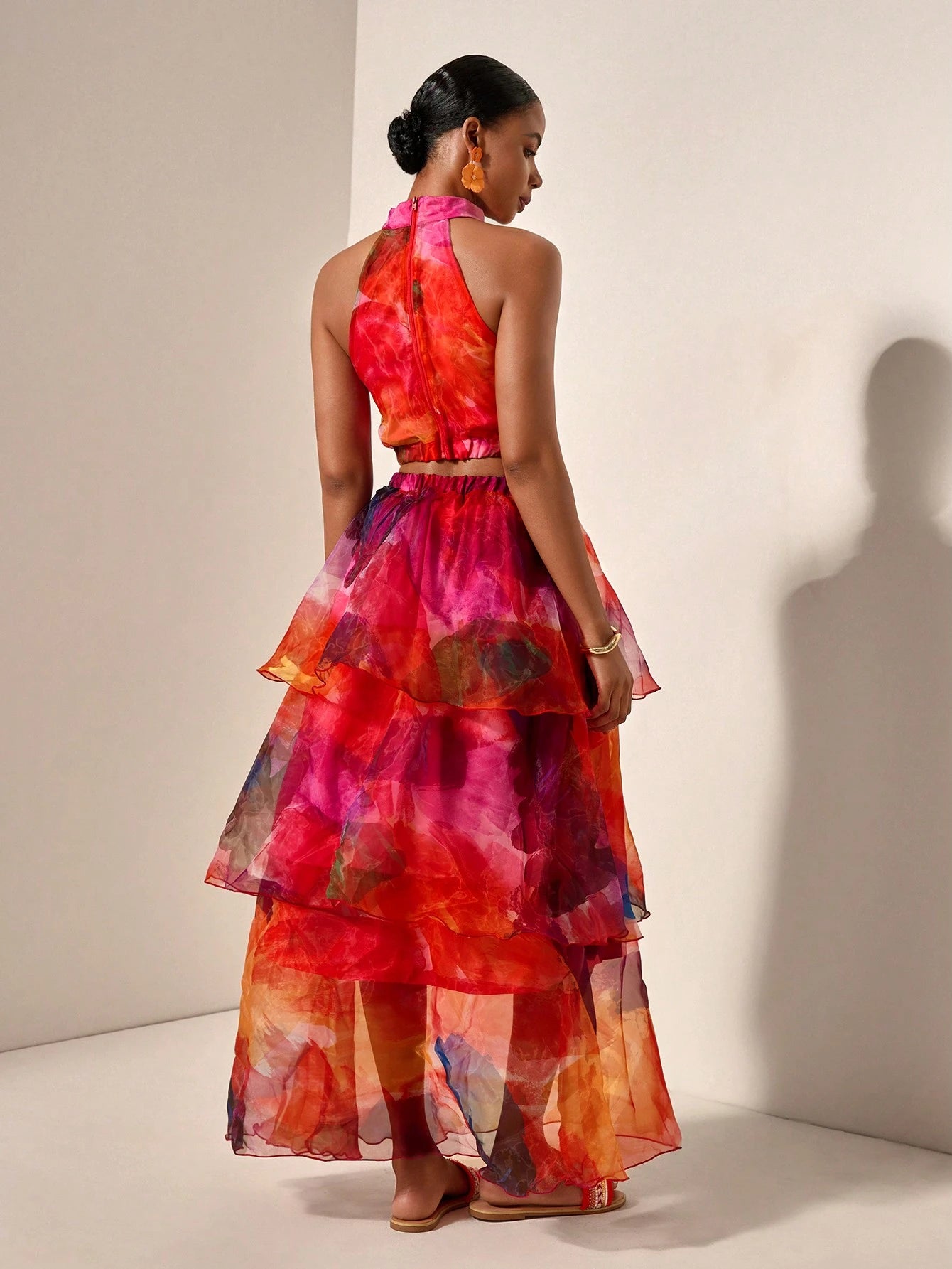 Tie-Dye Halter Top with Layered Ruffle Skirt Set