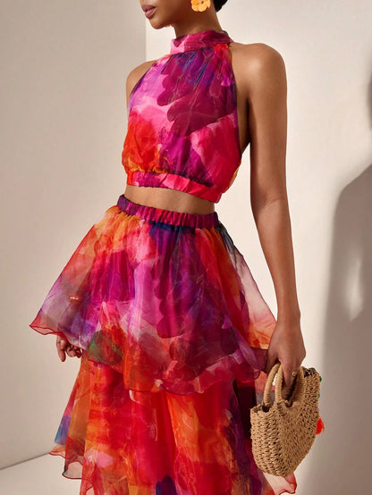 Tie-Dye Halter Top with Layered Ruffle Skirt Set
