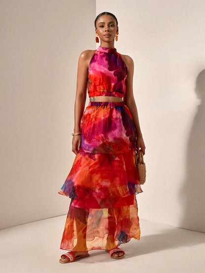 Tie-Dye Halter Top with Layered Ruffle Skirt Set