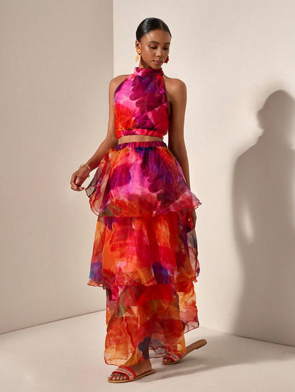 Tie-Dye Halter Top with Layered Ruffle Skirt Set