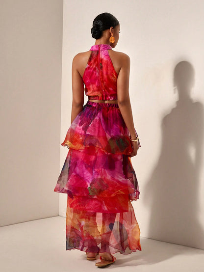 Tie-Dye Halter Top with Layered Ruffle Skirt Set
