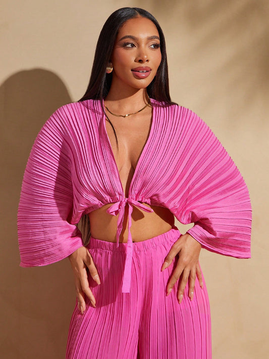 Plunge pleated neck self tie top