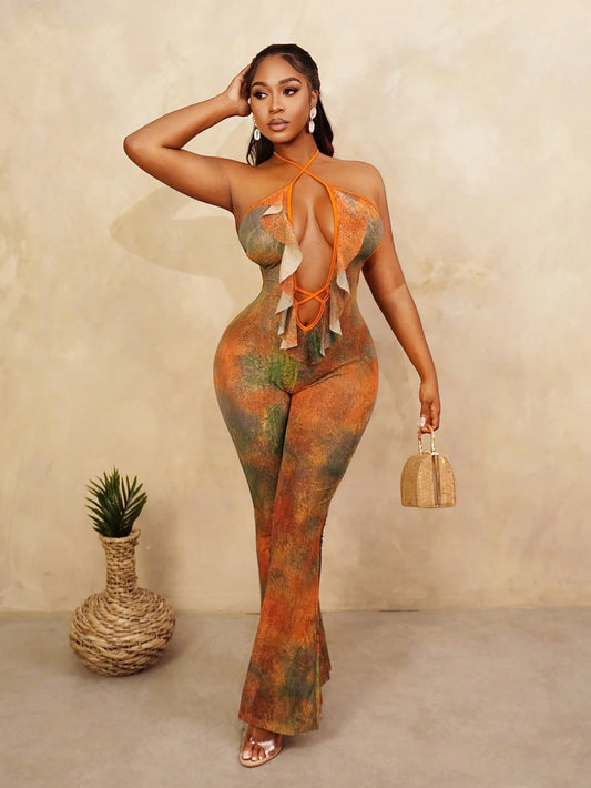 Tie-dye print ruffle sheer backless jumpsuit