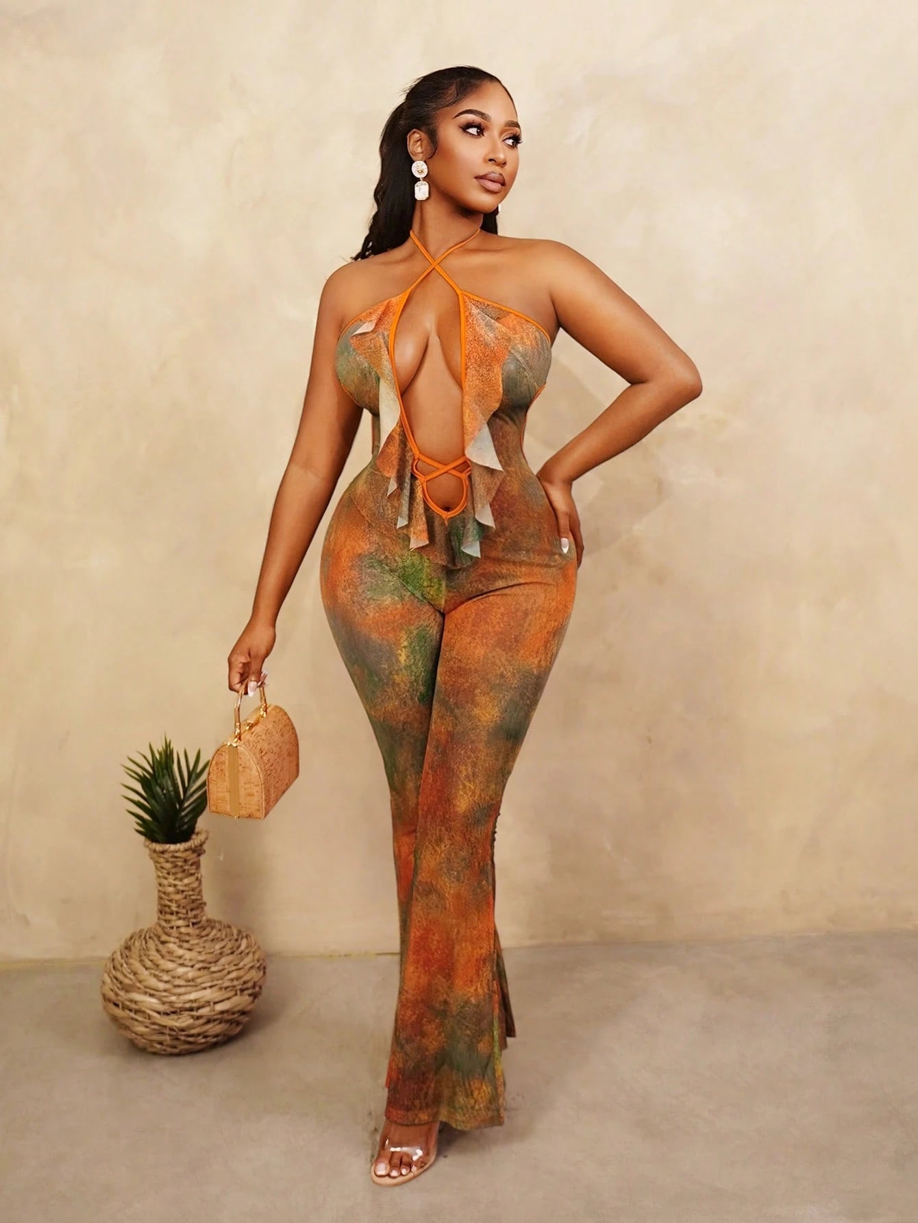 Tie-dye print ruffle sheer backless jumpsuit