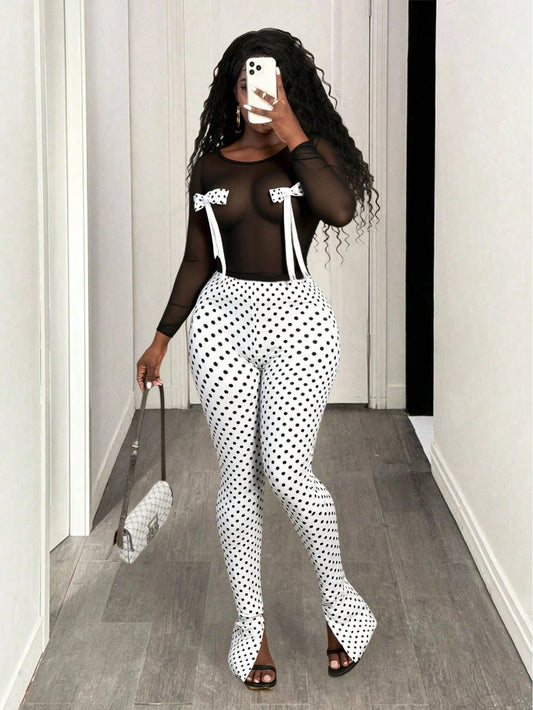 Mesh bow top and polka dot slit pants set
