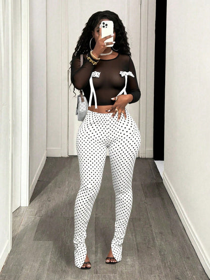 Mesh bow top and polka dot slit pants set