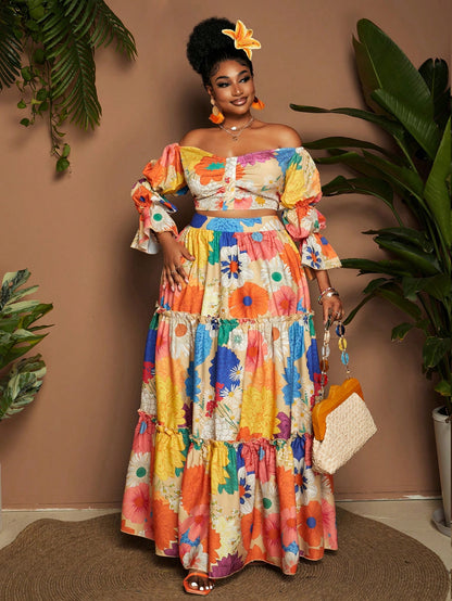 Plus size floral print  off shoulder top and maxi skirt set