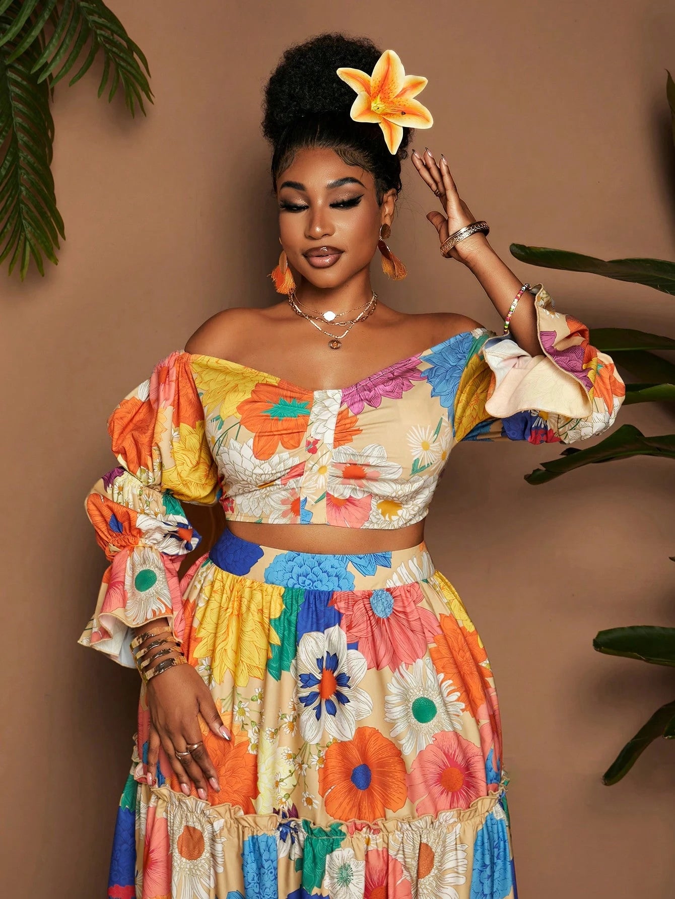 Plus size floral print  off shoulder top and maxi skirt set