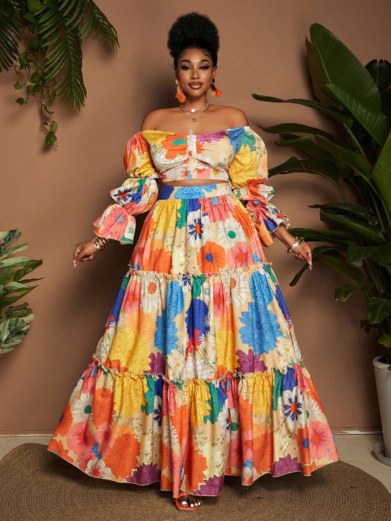 Plus size floral print  off shoulder top and maxi skirt set