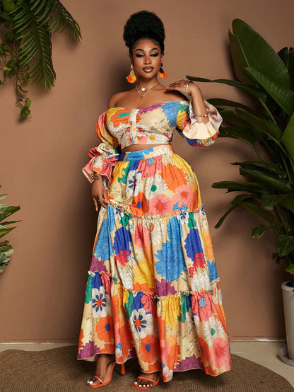 Plus size floral print  off shoulder top and maxi skirt set