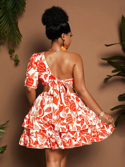 Plus-size puffed sleeve floral print one shoulder ruffle mini dress