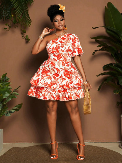 Plus-size puffed sleeve floral print one shoulder ruffle mini dress