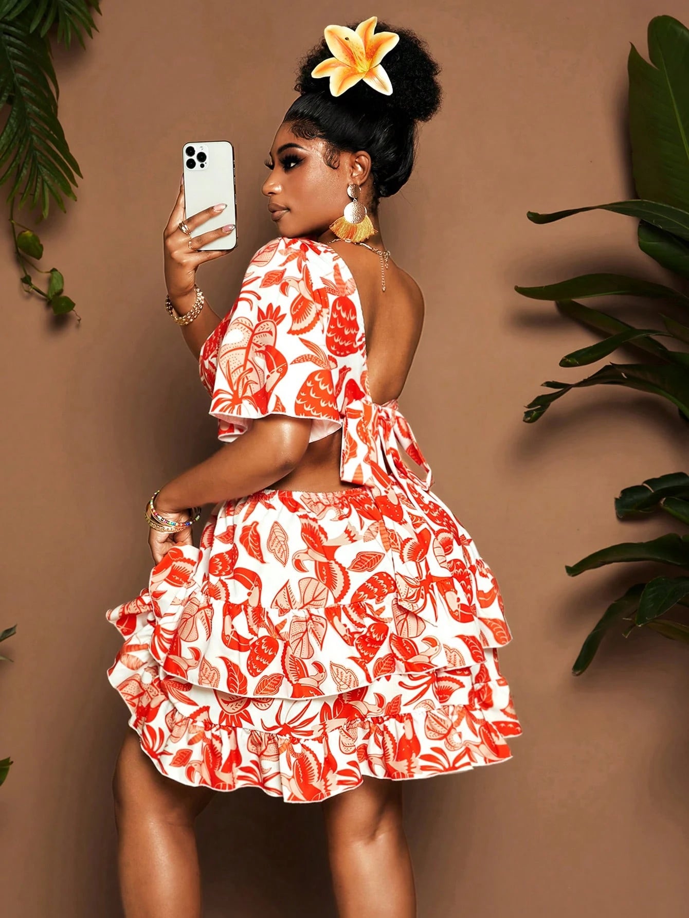 Plus-size puffed sleeve floral print one shoulder ruffle mini dress