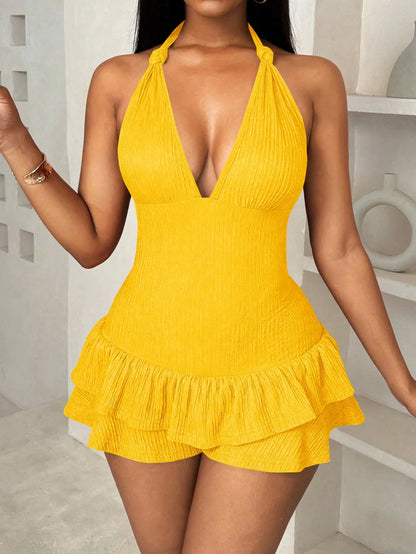 Halter back ruffle trim fitted romper