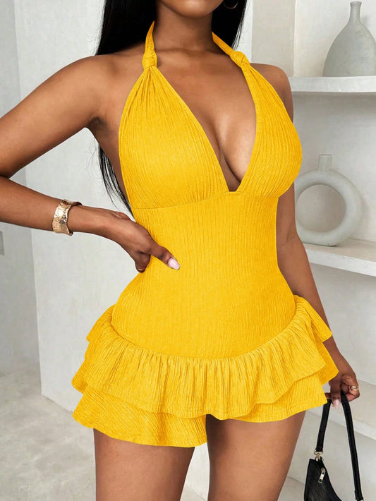 Halter back ruffle trim fitted romper