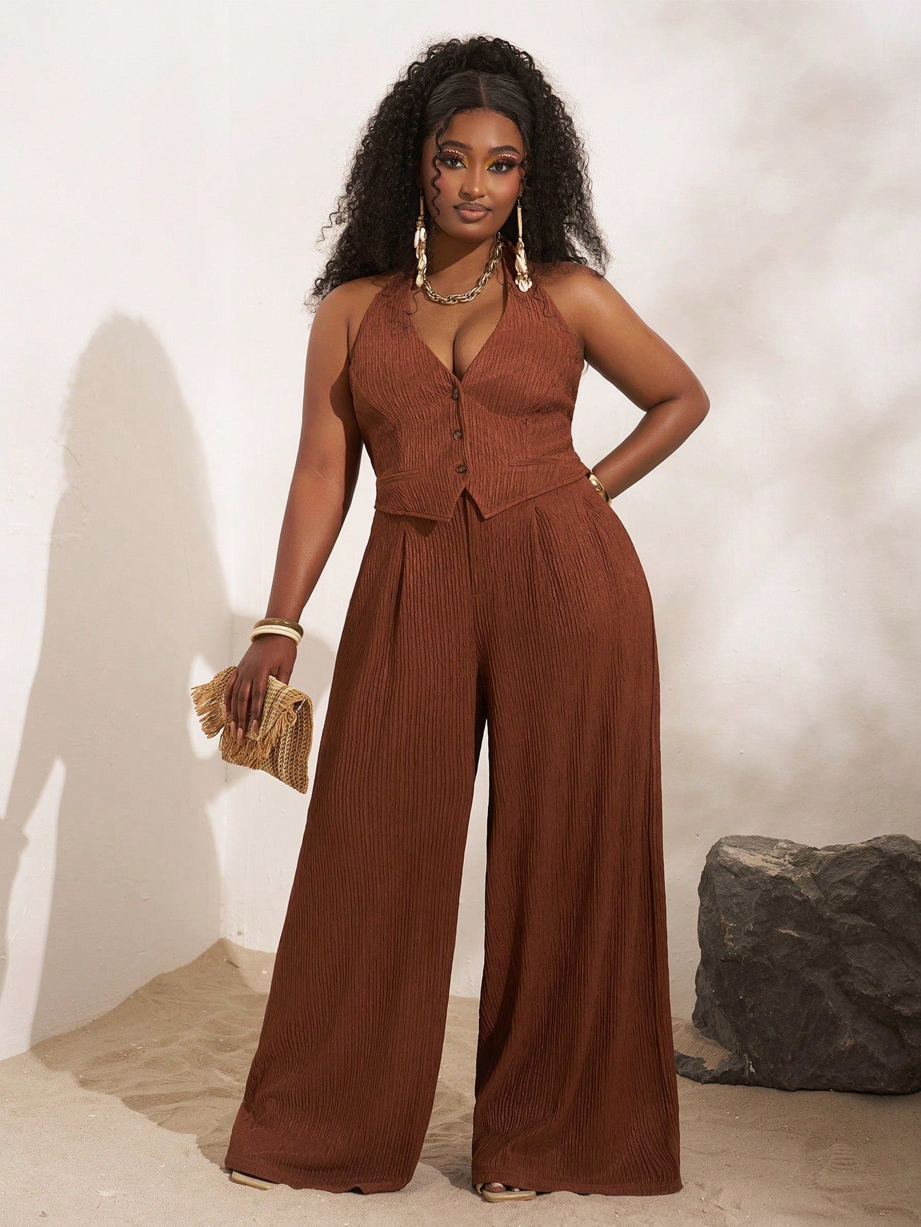 Plus-size lightweight halter crop top and wide leg pants