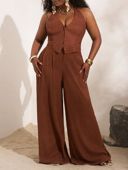 Plus-size lightweight halter crop top and wide leg pants