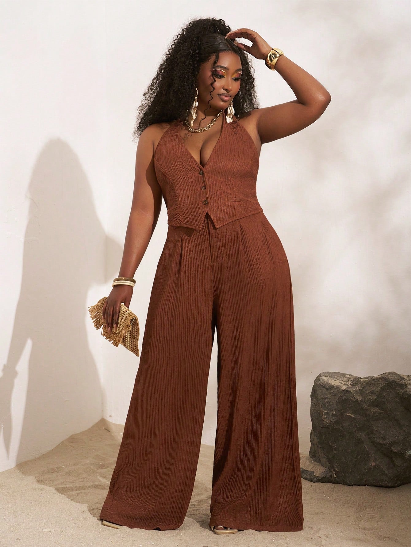 Plus-size lightweight halter crop top and wide leg pants