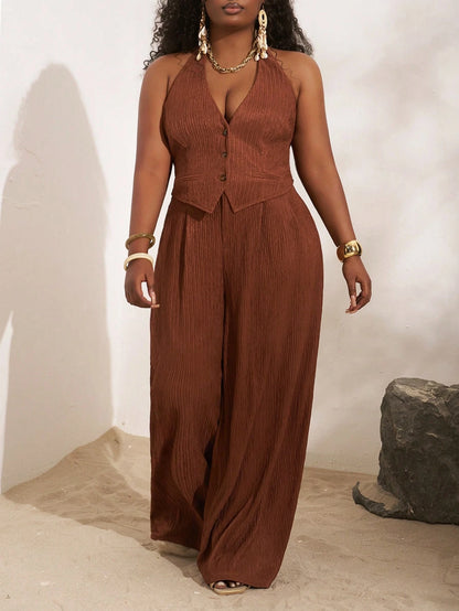 Plus-size lightweight halter crop top and wide leg pants