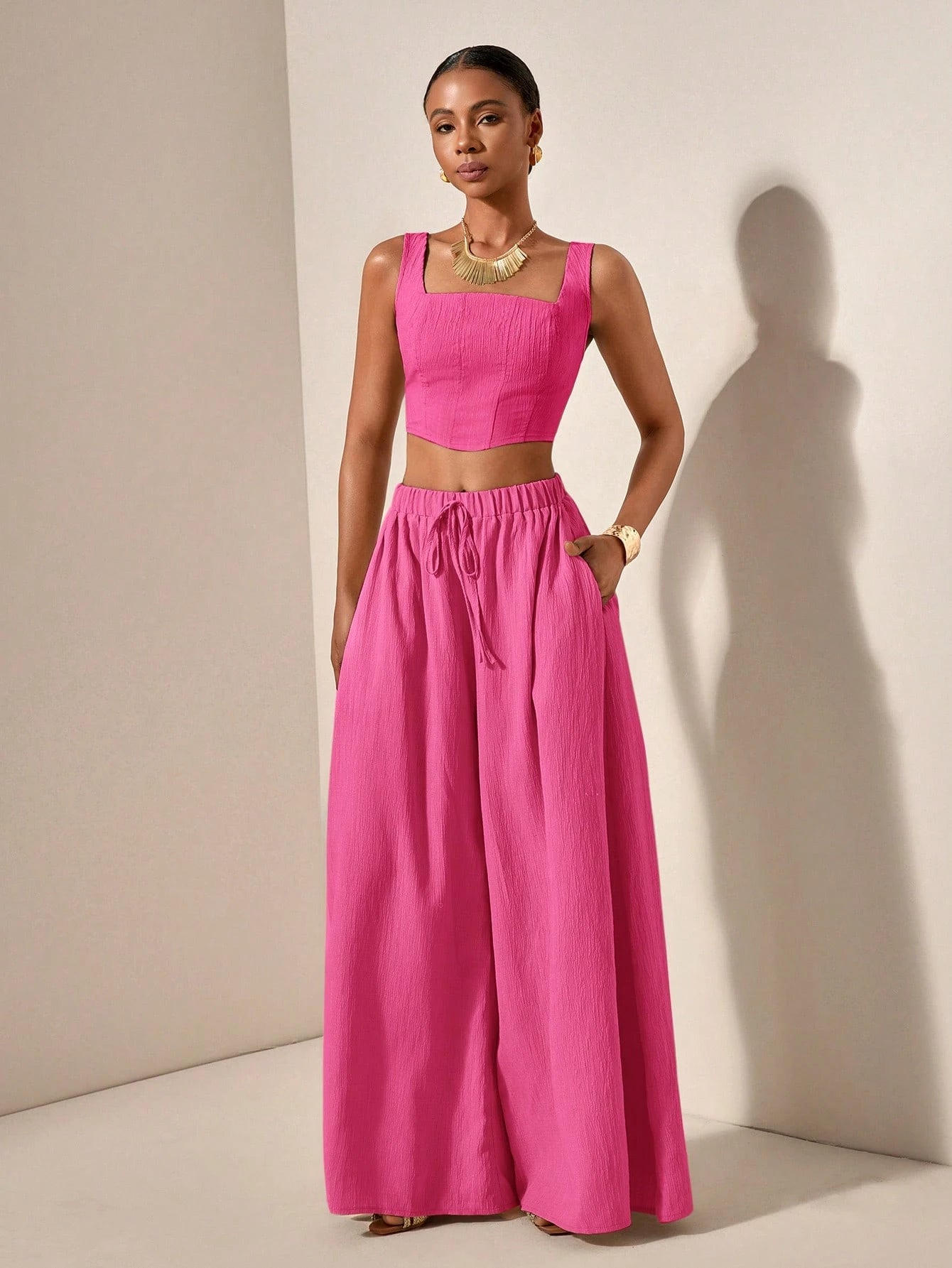 Textured top and wide leg pants with pockets