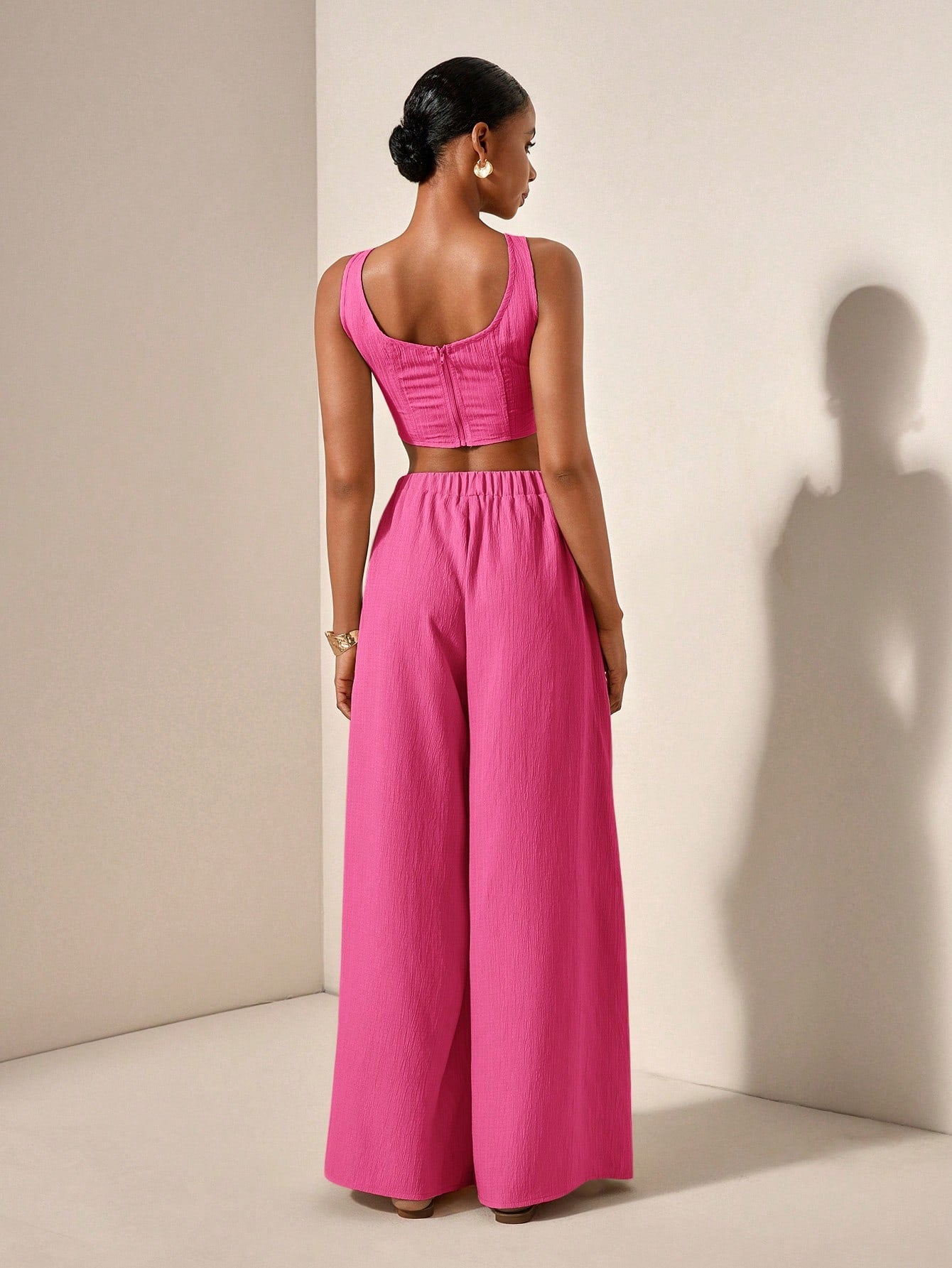 Textured top and wide leg pants with pockets