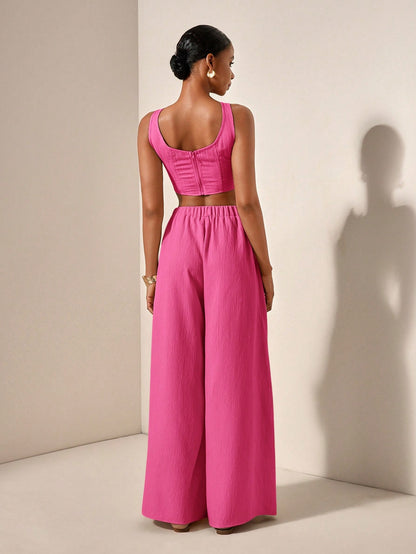 Textured top and wide leg pants with pockets