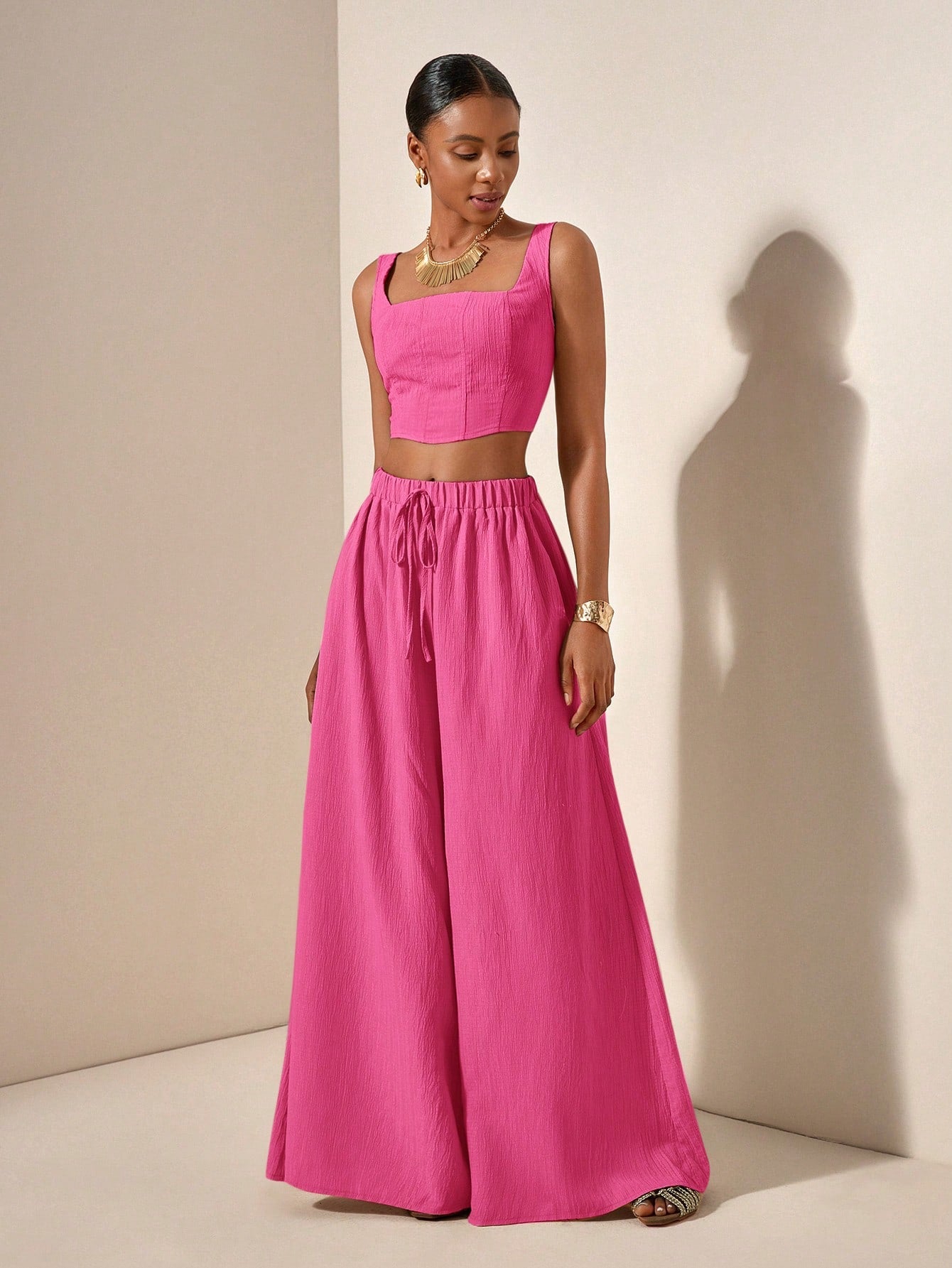 Textured top and wide leg pants with pockets
