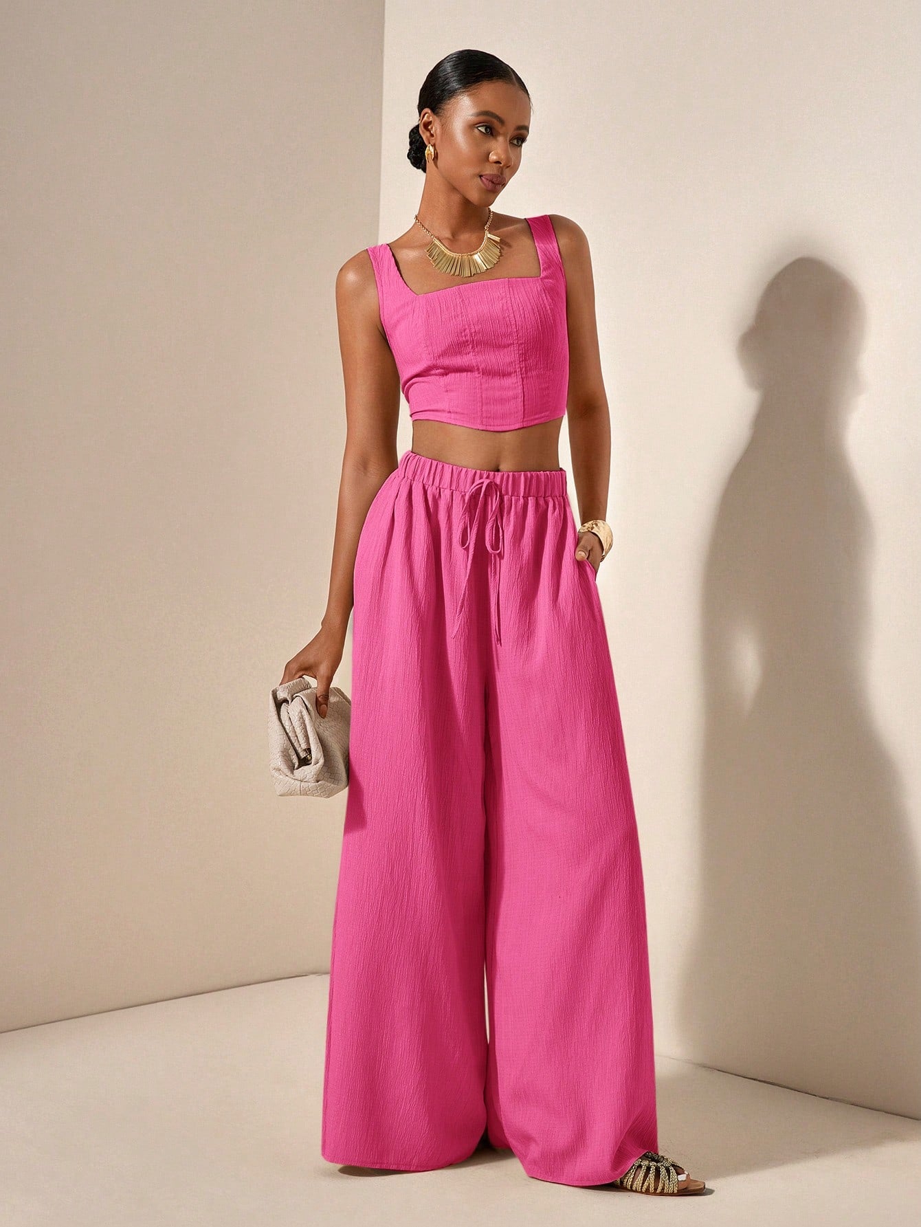 Textured top and wide leg pants with pockets