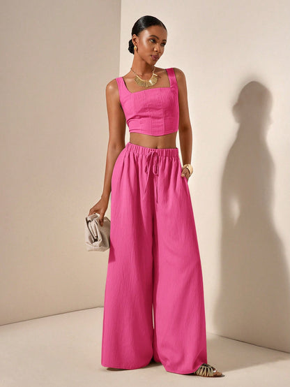 Textured top and wide leg pants with pockets