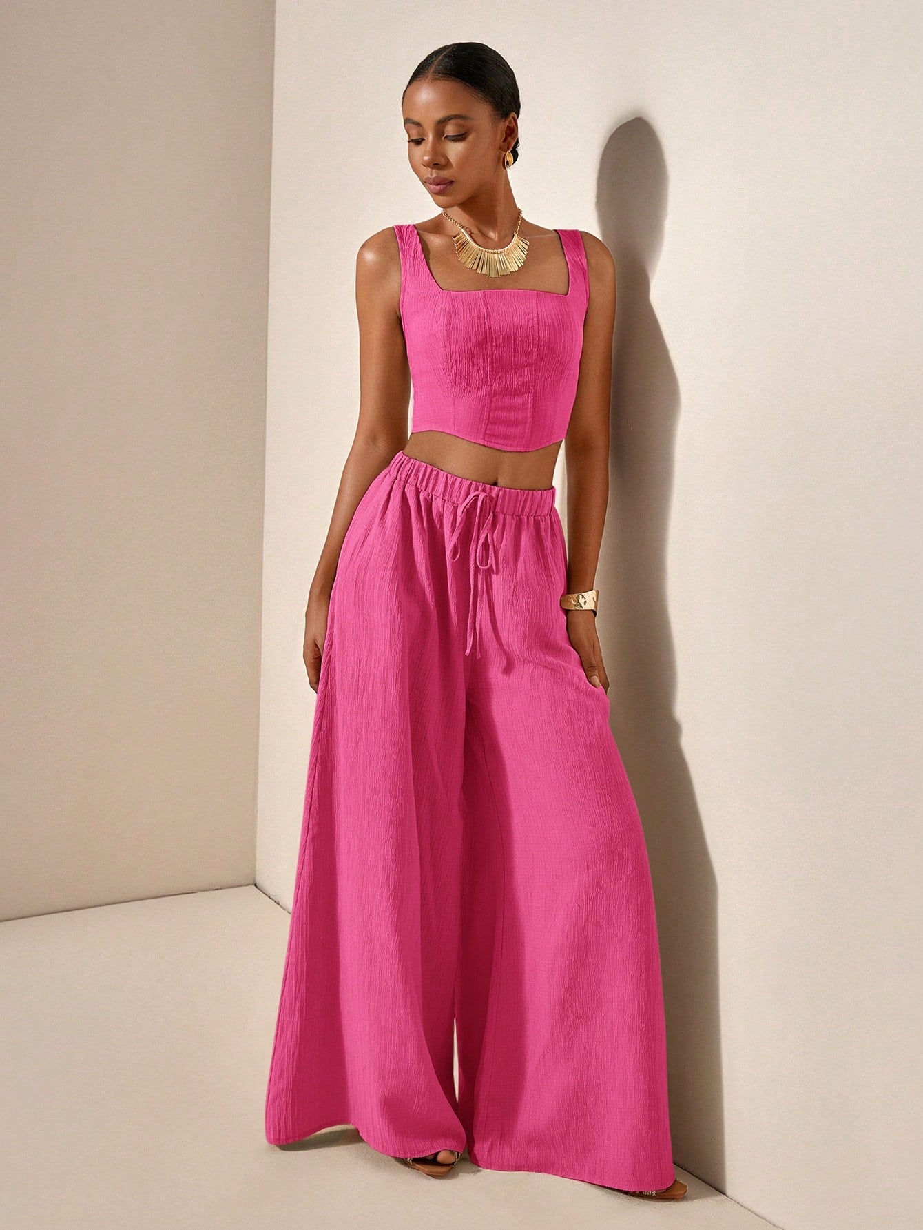 Textured top and wide leg pants with pockets