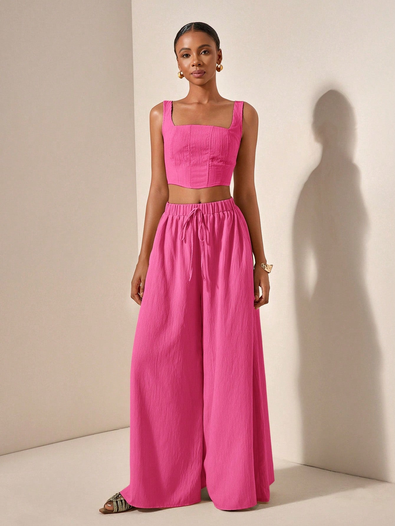 Textured top and wide leg pants with pockets