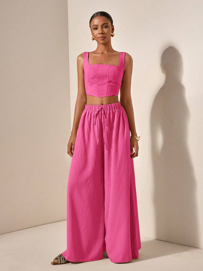 Textured top and wide leg pants with pockets