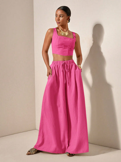 Textured top and wide leg pants with pockets