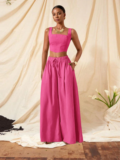 Textured top and wide leg pants with pockets