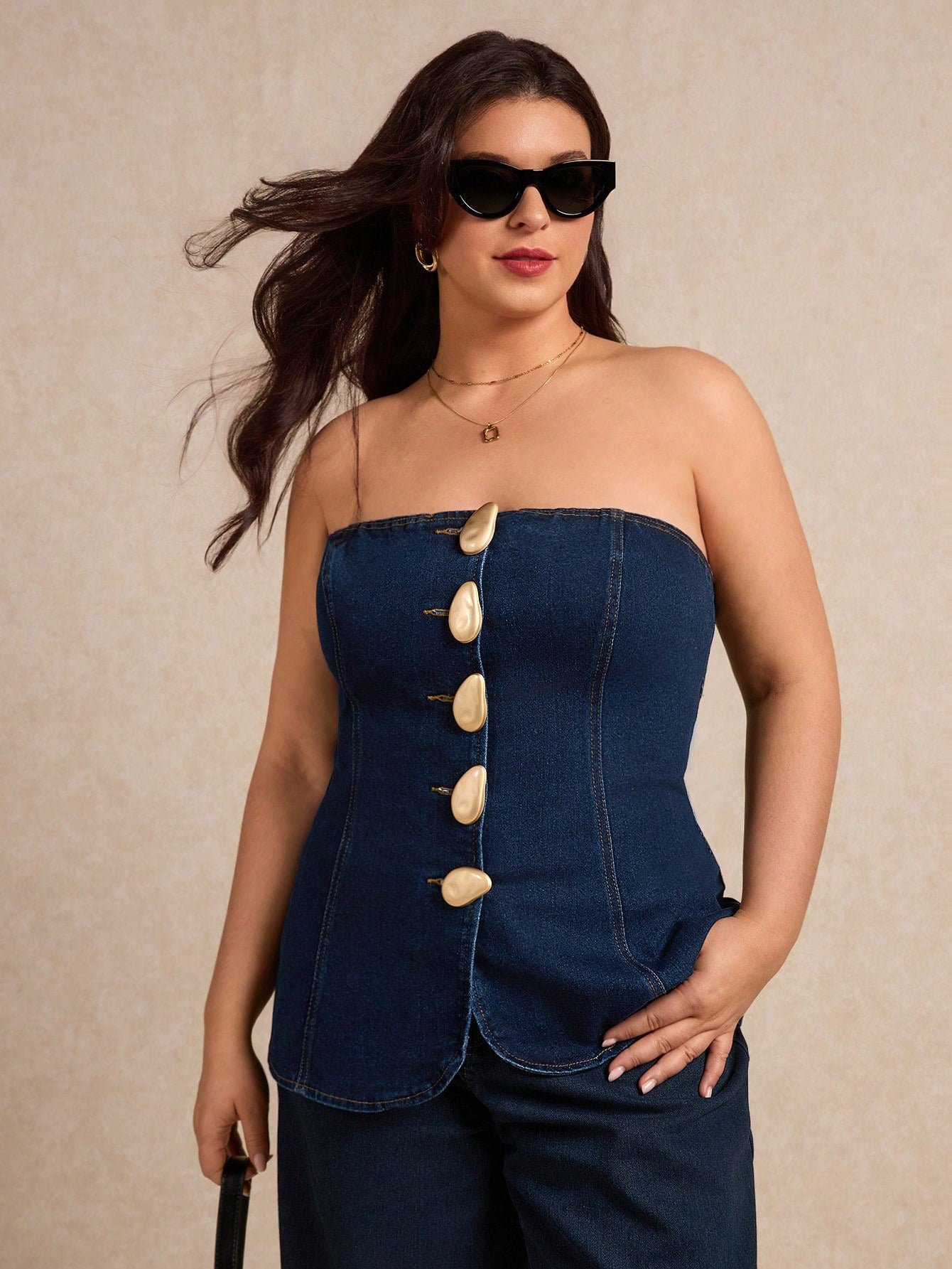 Plus-size denim tube top with metallic buttons