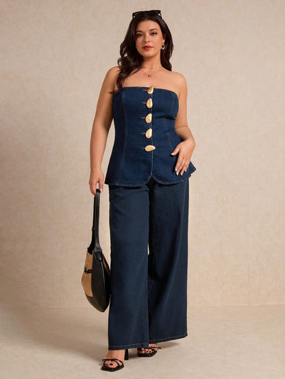 Plus-size denim tube top with metallic buttons