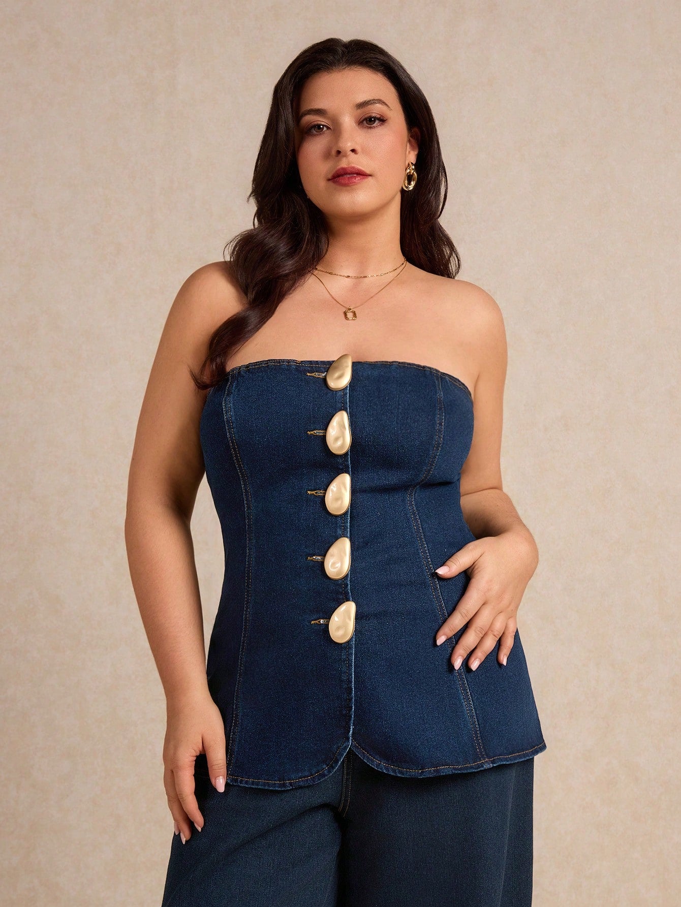 Plus-size denim tube top with metallic buttons