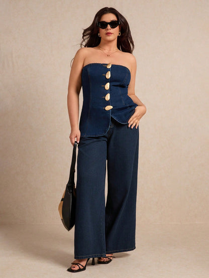Plus-size denim tube top with metallic buttons